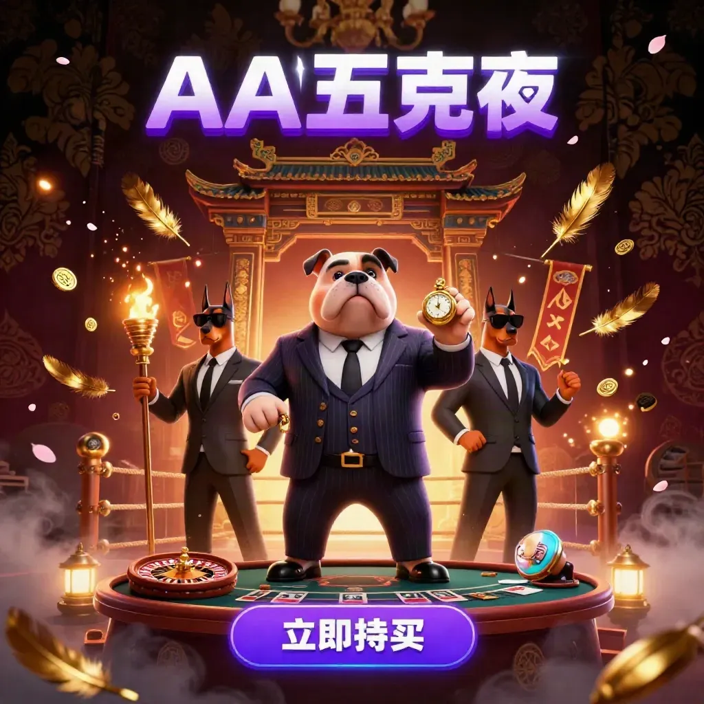 Bulldog mafia boss with two Dobermans amid casino gold, temple gates, and neon violet light.