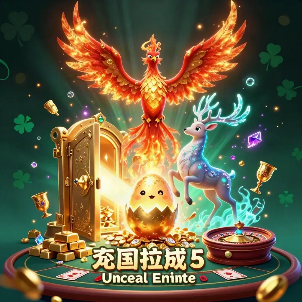 Phoenix, hatchling, and crystal stag burst from a glowing vault amid casino treasure and neon light.