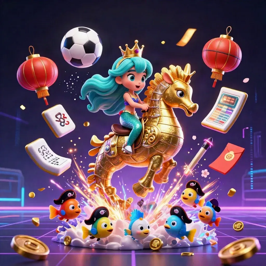 Mermaid princess on armored seahorse with fish, balls, coins, lanterns, and neon casino effects