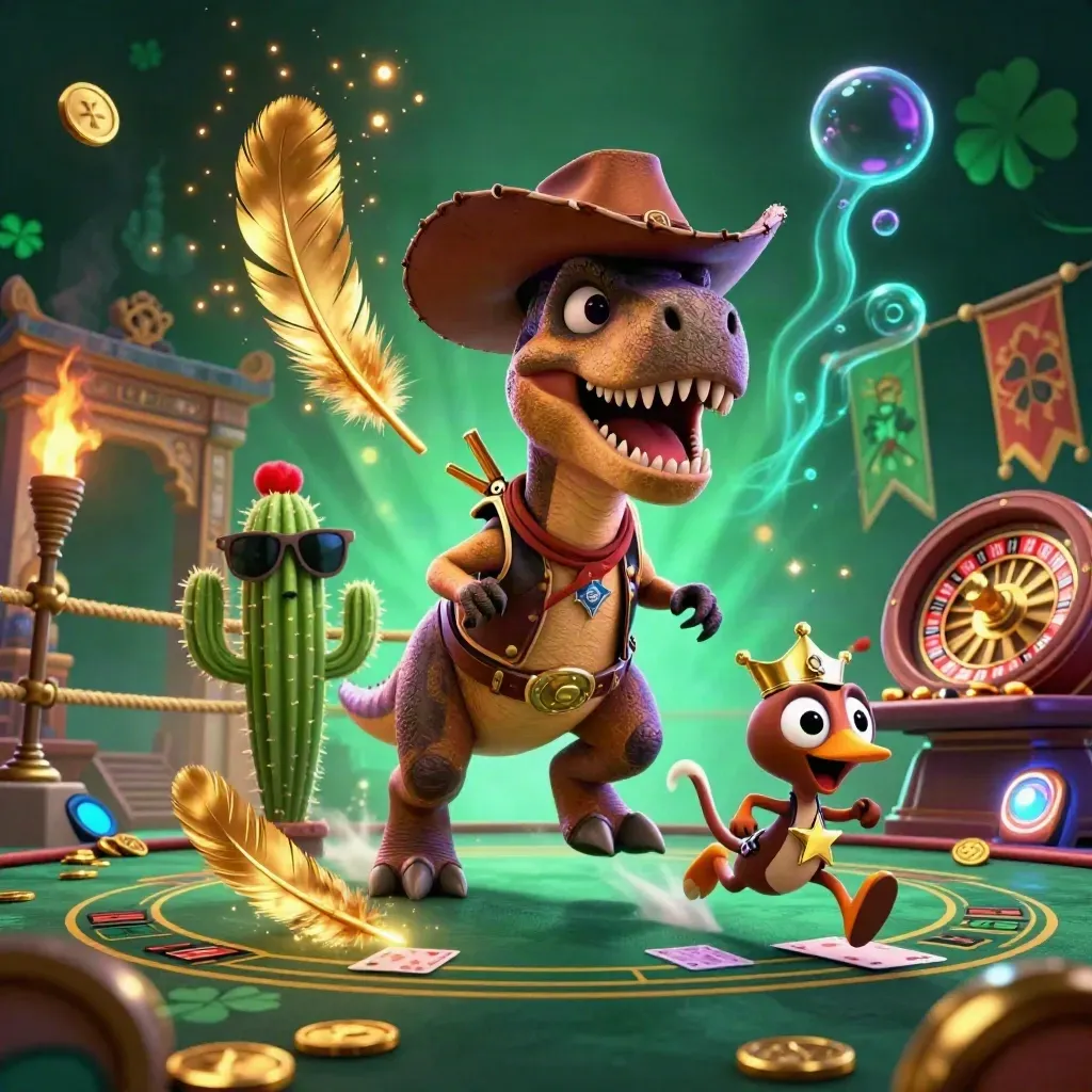Cowboy T-Rex, cactus sidekick, and sheriff roadrunner amid neon casino fantasy and spinning roulette.