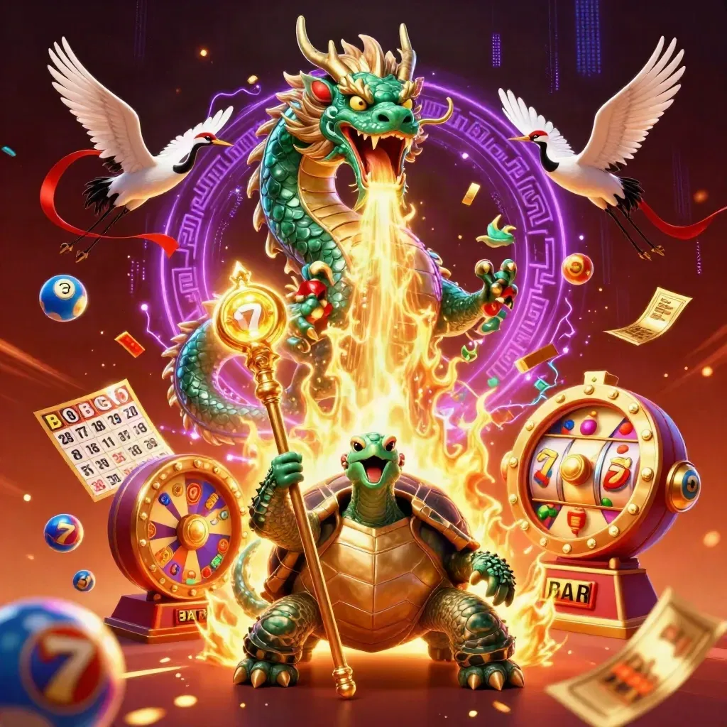 Emerald dragon, turtle sage, and cranes burst through neon casino fire and gold energy.