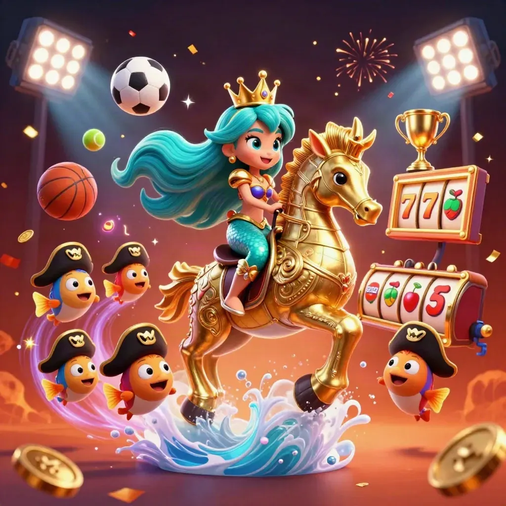 Mermaid princess rides armored seahorse amid casino balls, coins, fireworks and neon glow.