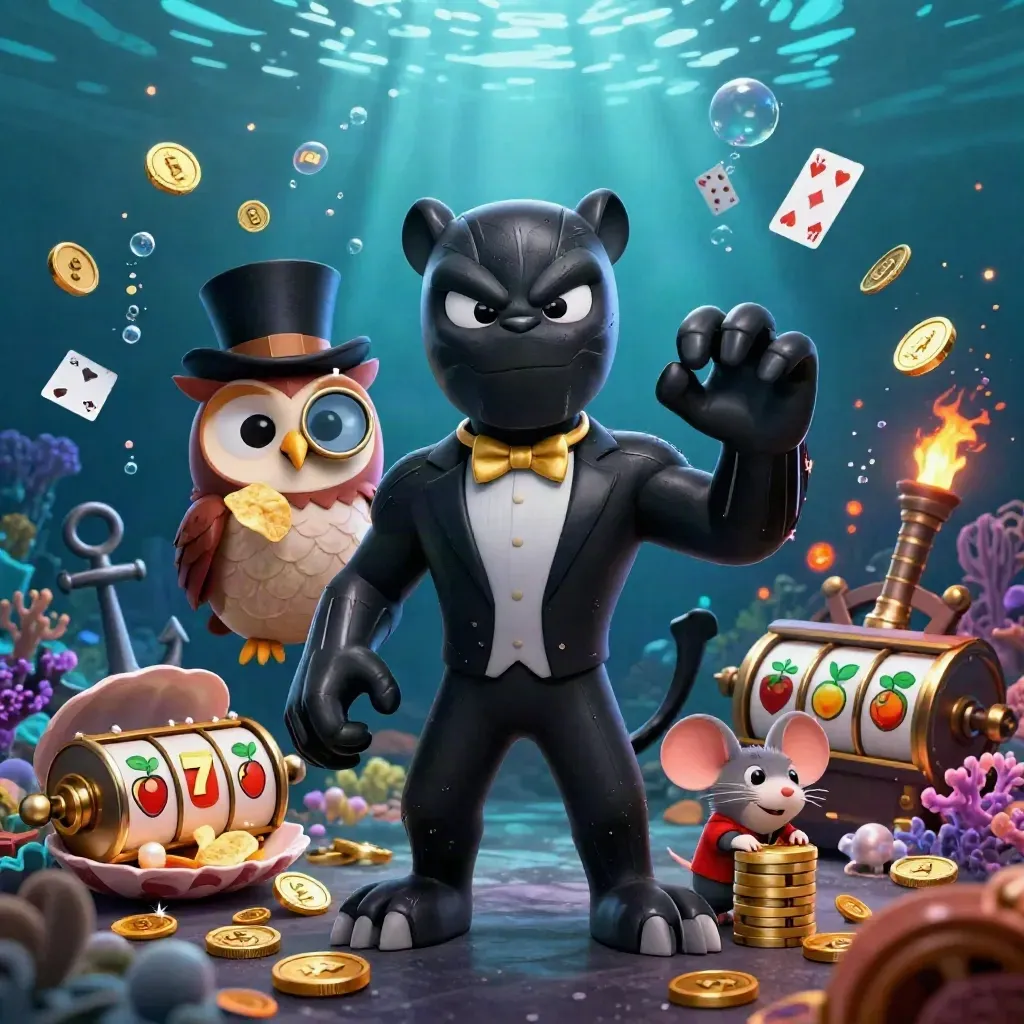 Black panther, owl, and mouse in a neon underwater casino treasure scene.